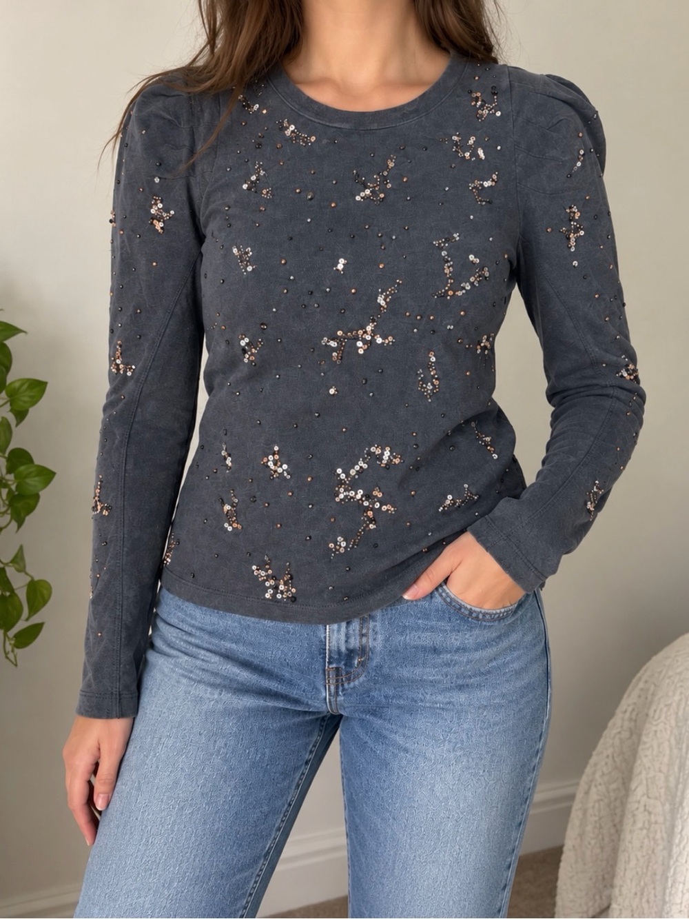 Anthropologie Pilcro Embellished Sequin Puff Sleeve Top Size M
